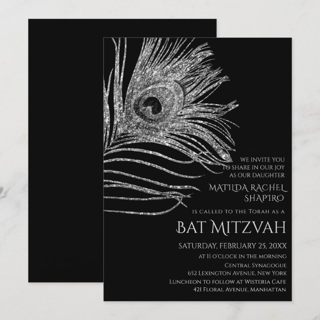 Peacock Feather Glitter Silver Bat mitzvah Logotyp Inbjudningar (Fram/baksida)
