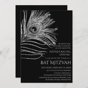 Peacock Feather Glitter Silver Bat mitzvah Logotyp Inbjudningar