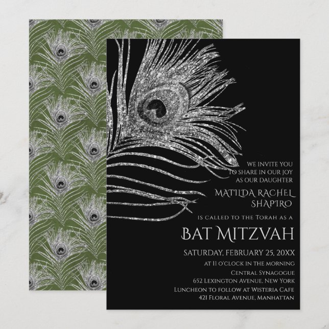 Peacock Feather Glitter Silver Bat mitzvah Logotyp Inbjudningar (Fram/baksida)