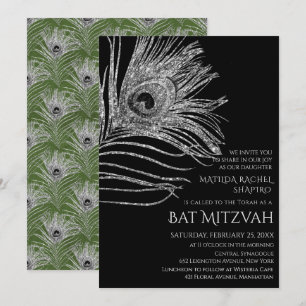 Peacock Feather Glitter Silver Bat mitzvah Logotyp Inbjudningar