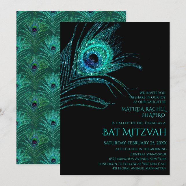 Peacock Feather Glitter Turcos Bat mitzvah Logotyp Inbjudningar (Fram/baksida)