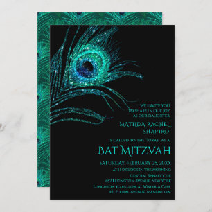 Peacock Feather Glitter Turcos Bat mitzvah Logotyp Inbjudningar