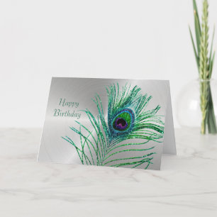 Peacock Feather Grönt Glitter Silver födelsedag Kort
