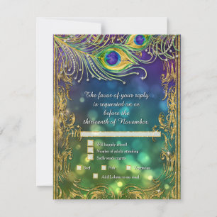 Peacock Feather Guld Glitter Bröllop Menu OSA Kort