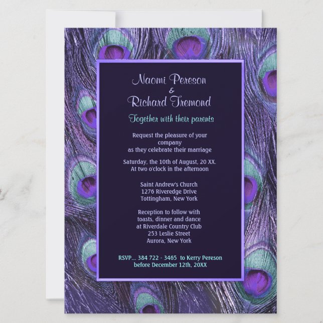 Peacock Feather Lila 6,5 x 8 bröllopsinbjudan Inbjudningar (Framsida)