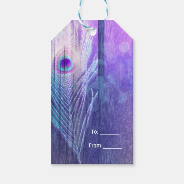 Peacock Feather Lila Glam Boho Chic Party favor Presentetikett (Framsidan)
