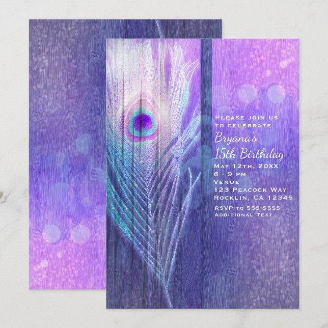 Peacock Feather Lila Glam Boho-partiets inbjudning Inbjudningar (Fram/baksida)