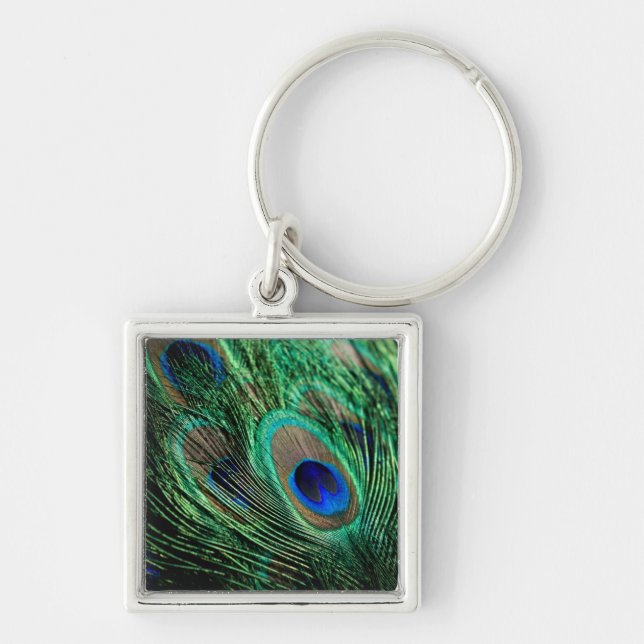 Peacock Feather Lucky Fyrkantig Silverfärgad Nyckelring (Framsidan)