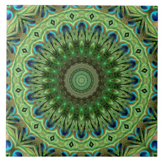 Peacock Feather Mandala Emerald och Blue Symmetry Kakelplatta
