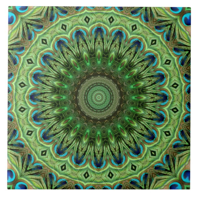 Peacock Feather Mandala Emerald och Blue Symmetry Kakelplatta (Framsidan)