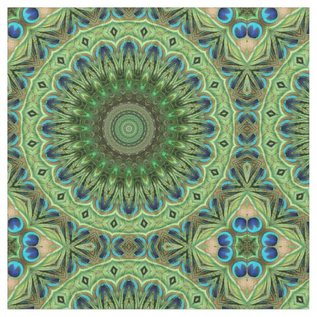Peacock Feather Mandala Emerald och Blue Symmetry Tyg (Närbild)