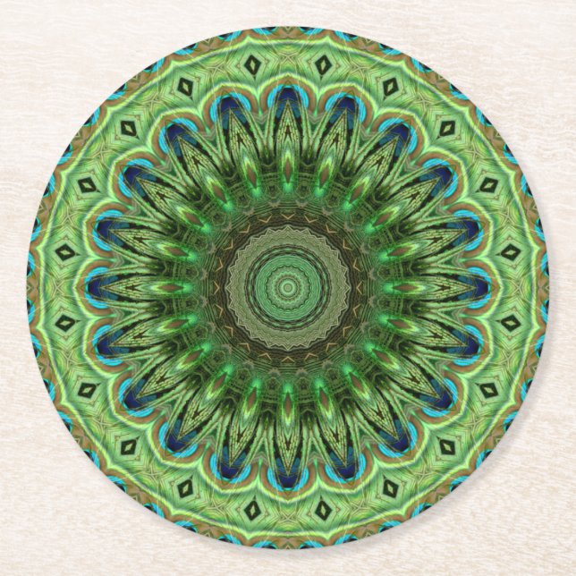 Peacock Feather Mandala Emerald och Blue Symmetry Underlägg Papper Rund (Framsidan)