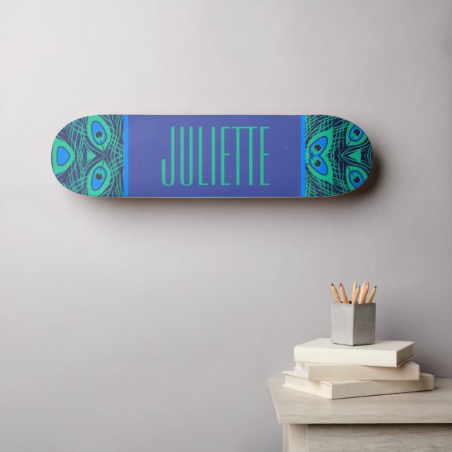 PEACOCK FEATHER MÖNSTER TEAL GRÖNT BLUE MED NAMN MINI SKATEBOARD BRÄDA 18,5 CM (Väggkonst (Horz))