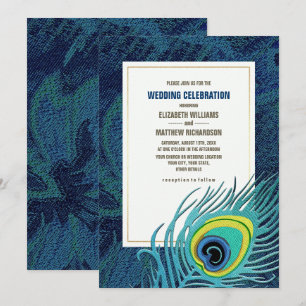 Peacock Feather Navy Blue Guld Bröllop Inbjudningar