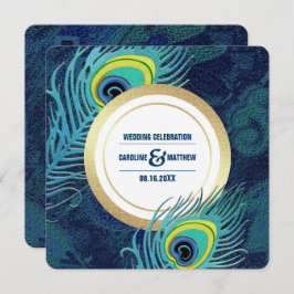 Peacock Feather Navy Blue Guld Bröllop Inbjudningar