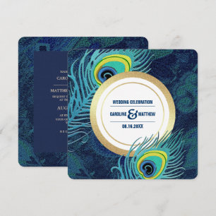 Peacock Feather Navy Blue Guld Bröllop Inbjudningar