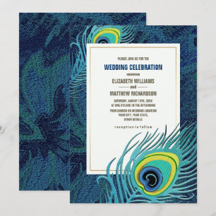 Peacock Feather Navy Blue Guld Bröllop Inbjudningar