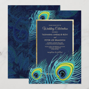 Peacock Feather Navy Blue Guld Bröllop Inbjudningar