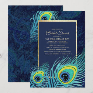 Peacock Feather Navy Blue Guld Möhippa Inbjudningar