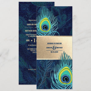 Peacock Feather Navy Blue Turcos Guld Bröllop Inbjudningar