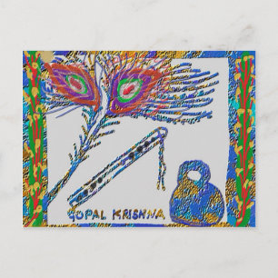 Peacock Feather och Flute - Hare Krishna Vykort