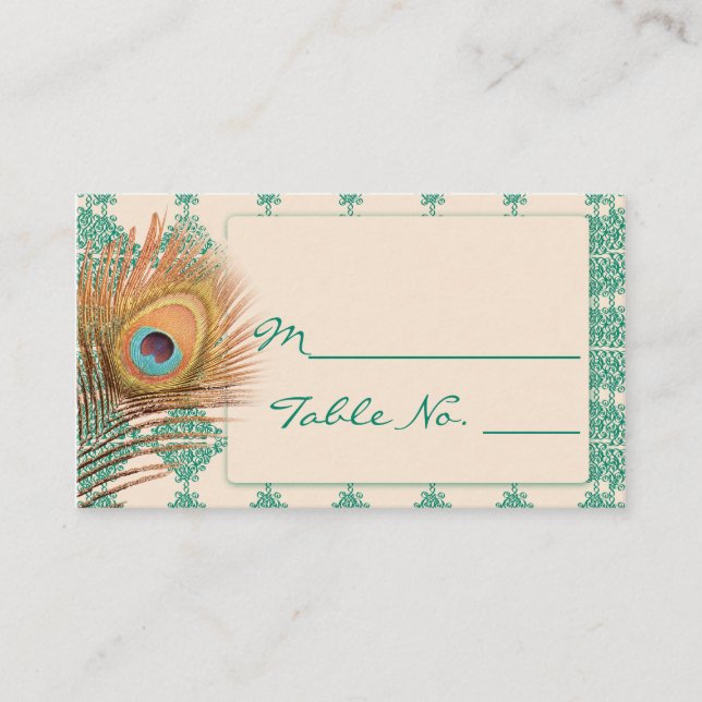 Peacock Feather på Teal Moroccan Tile Place Card Placeringskort (Framsida)