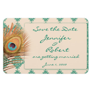 Peacock Feather på Teal Moroccan Tile Spara Dat Magnet