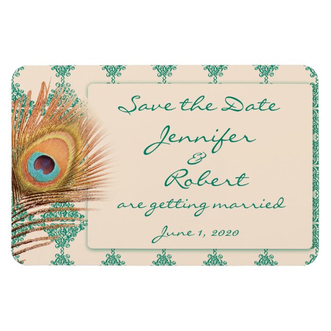 Peacock Feather på Teal Moroccan Tile Spara Dat Magnet (Horisontell)