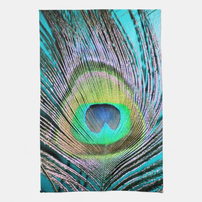 Peacock Feather på Turquise Kökshandduk (Vertikal)