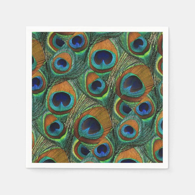 Peacock Feather Papper Napkins - Tan, Blue, Teal Pappersservett (Framsidan)