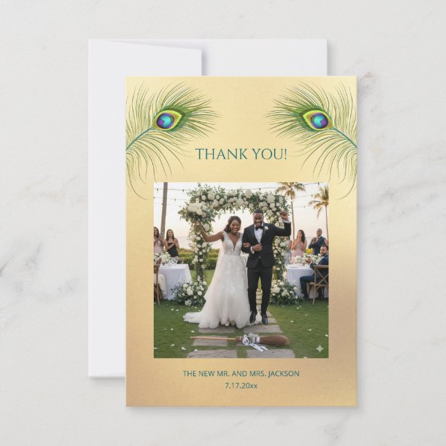 Peacock Feather Photo Wedding Thank You Card Tack Kort (Framsida)