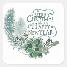 Peacock Feather Succulent God jul Sticker Fyrkantigt Klistermärke
