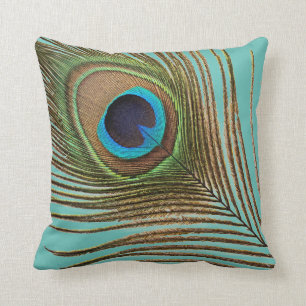 Peacock Feather Teal Blue Grönt Mönster Elegant Kudde