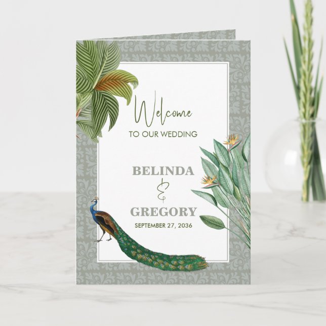 Peacock Feather Tropical Bröllop serviceorder Program (Framsida)