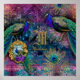 Peacock Feather Vintage Glitter Monogram Namn Poster
