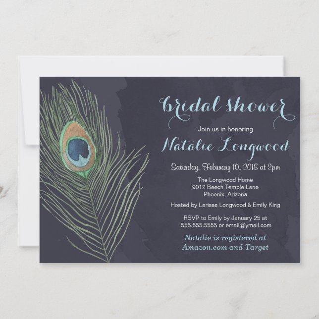 Peacock Feather Watercolor Baby eller Möhippa Inbjudningar (Framsida)