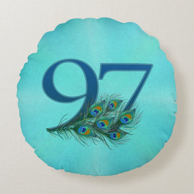 Peacock Feathers 97 Birthday Anniversary Milestone Rund Kudde (Framsidan)