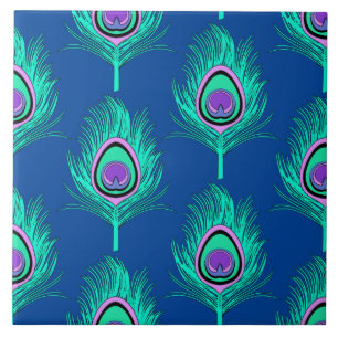 Peacock Feathers, Aqua on Deep Cobalt Blue Kakelplatta