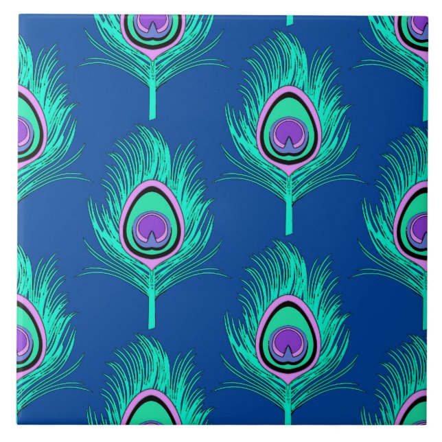 Peacock Feathers, Aqua on Deep Cobalt Blue Kakelplatta (Framsidan)