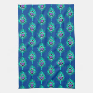 Peacock Feathers, Aqua on Deep Cobalt Blue Kökshandduk