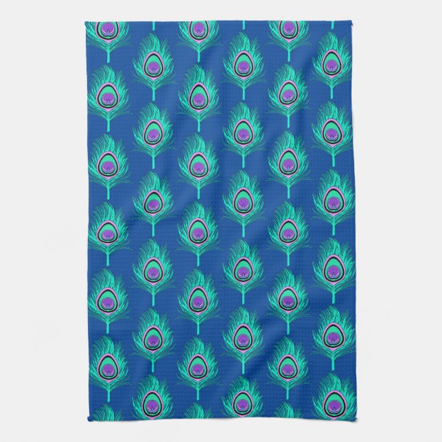 Peacock Feathers, Aqua on Deep Cobalt Blue Kökshandduk (Vertikal)