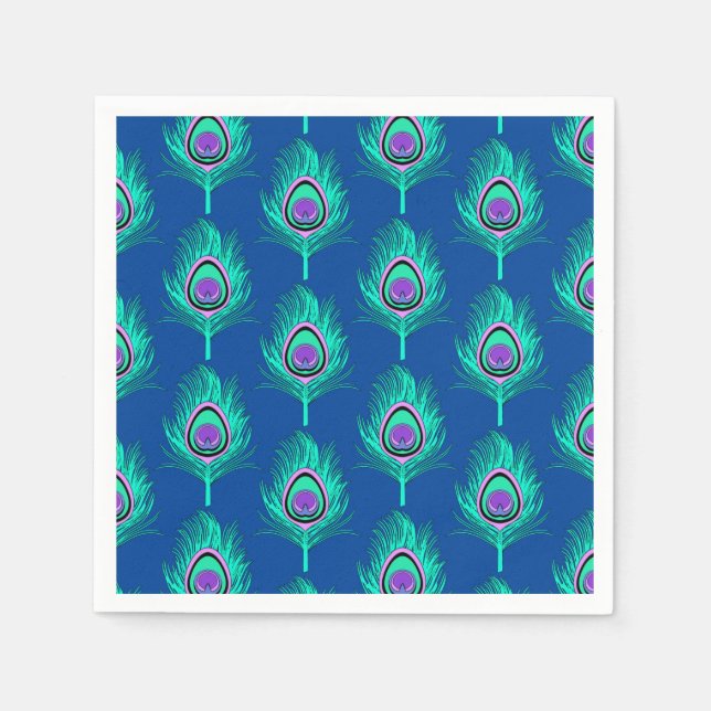 Peacock Feathers, Aqua on Deep Cobalt Blue Pappersservett (Framsidan)