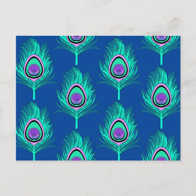 Peacock Feathers, Aqua on Deep Cobalt Blue Vykort (Framsida)