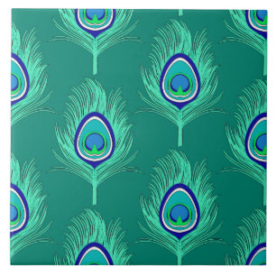 Peacock Feathers, Aqua on Turquise/Peacock Kakelplatta