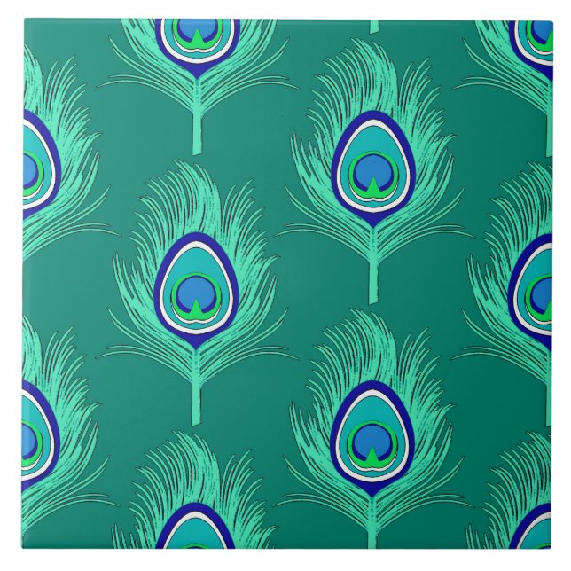 Peacock Feathers, Aqua on Turquise/Peacock Kakelplatta (Framsidan)