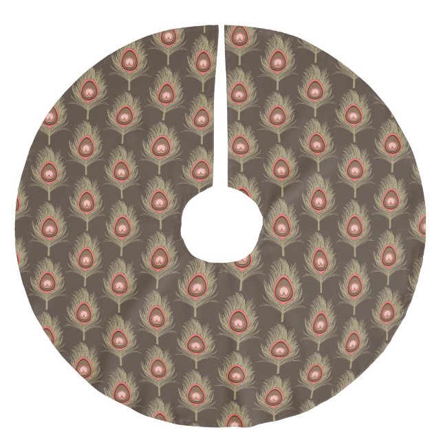 Peacock Feathers, Beige on Mörk Chocolate Brown Julgransmatta Borstad Polyester (Framsidan)