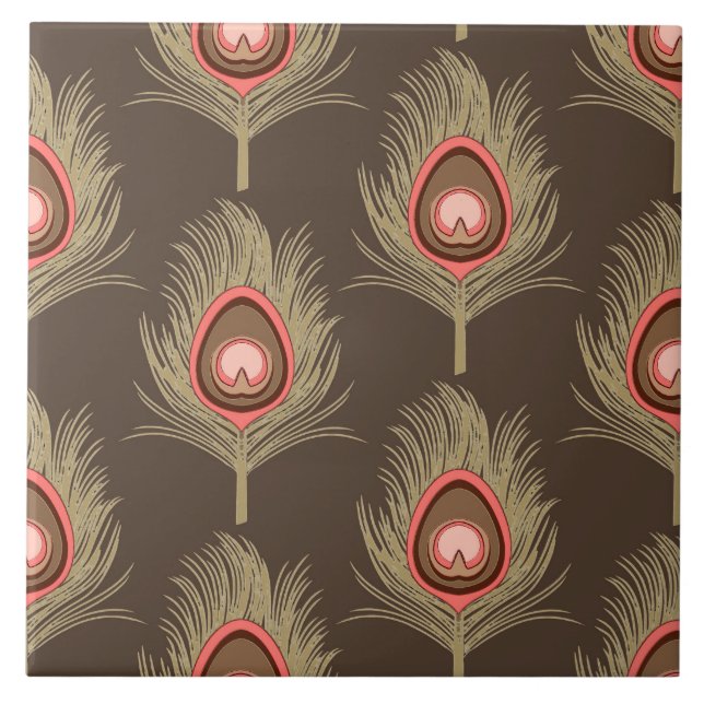 Peacock Feathers, Beige on Mörk Chocolate Brown Kakelplatta (Framsidan)