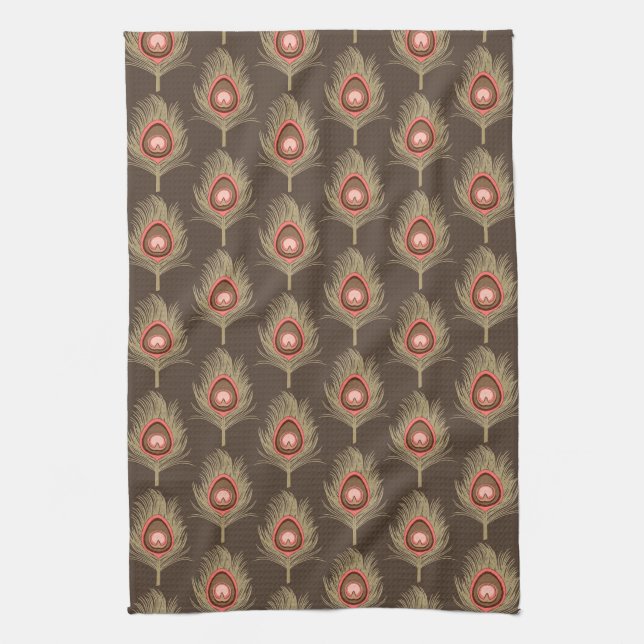 Peacock Feathers, Beige on Mörk Chocolate Brown Kökshandduk (Vertikal)