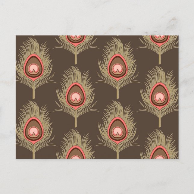 Peacock Feathers, Beige on Mörk Chocolate Brown Vykort (Framsida)