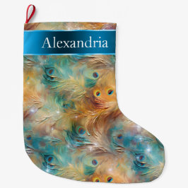 Peacock Feathers Blue Guld jul Namn Stor Julstrumpa